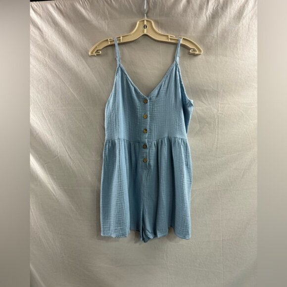 Blue Cotton Front Button Romper - Picture 6 of 7